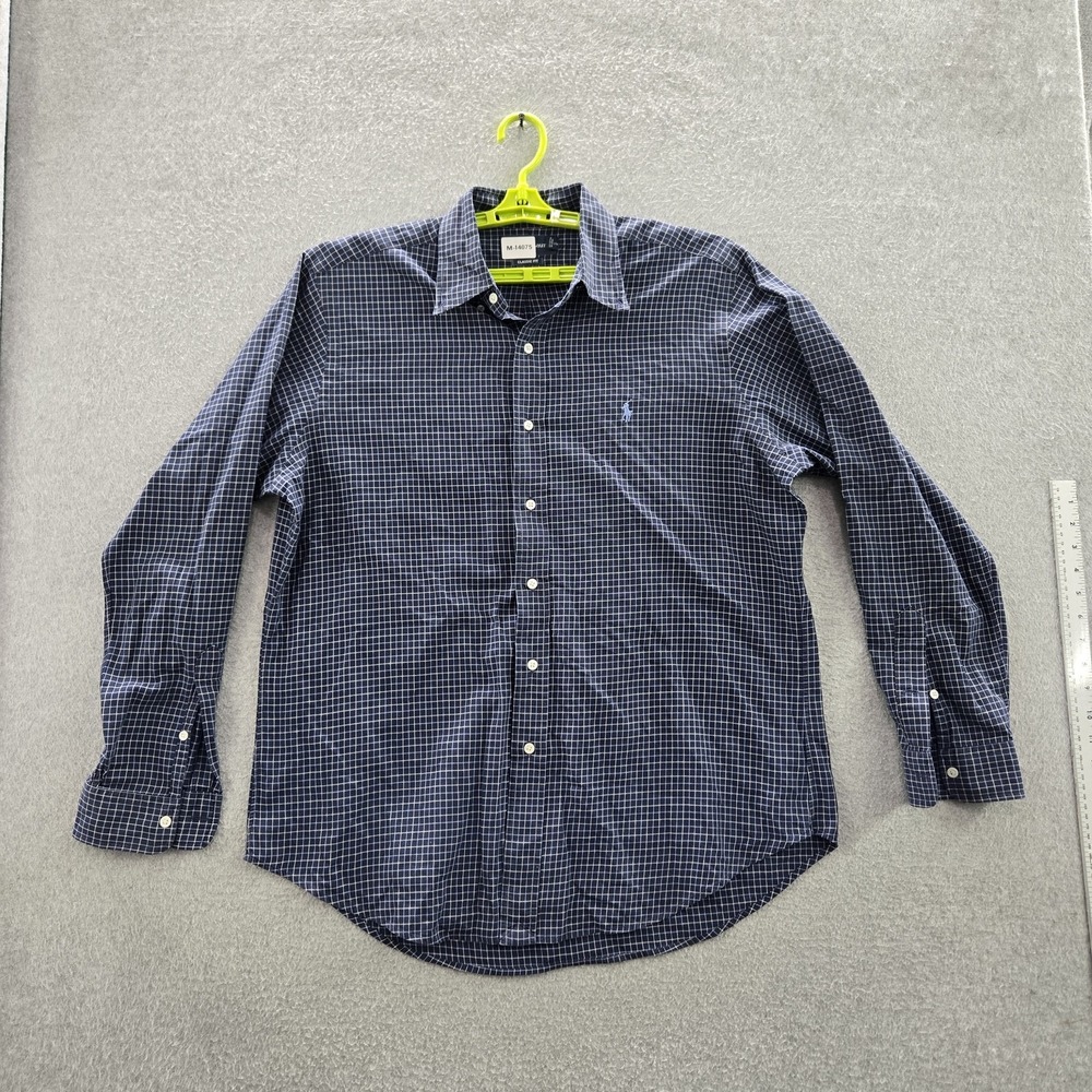 Ralph Lauren Men Button Up Shirt L Navy Pony Embroidery Check Long Sleeve
